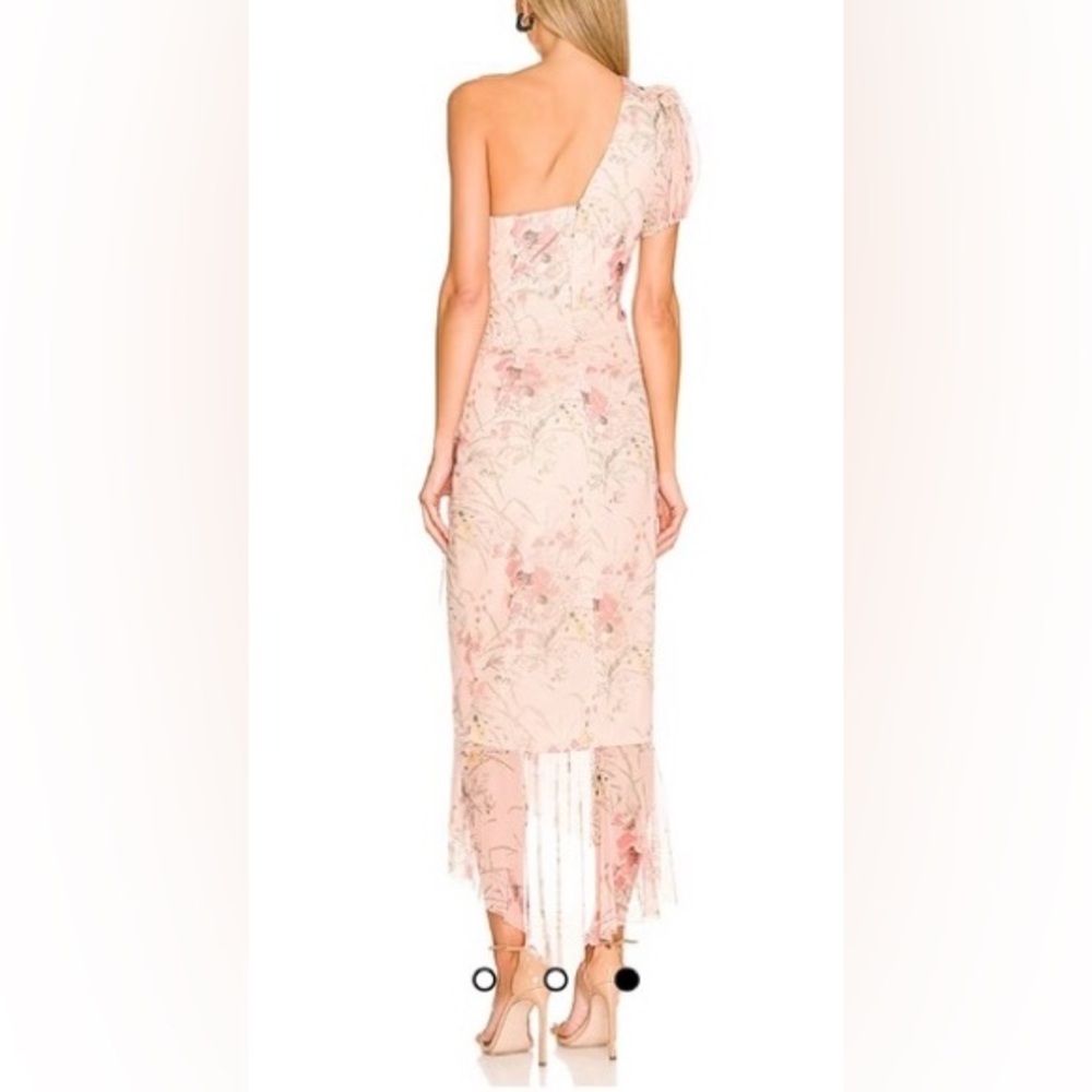 BCBGMAXAZRIA 1 Shoulder Asymmetric Ruffle Pink Floral Midi Evening Dress NWT XL - Picture 3 of 11